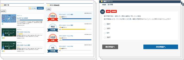 動画とテストで学習を進める管理画面のイメージ